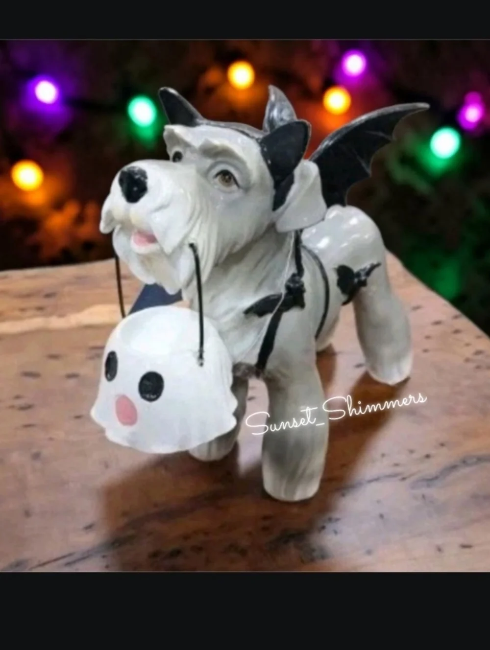Bat Schnauzer Dog w/ Ghost Bucket in Halloween Costume Figure Statue Decor New